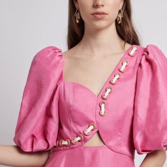 Aje Coda Eyelet Asymmetrical Pink Midi Dress 6 ( AU 10 ) - Picture 5 of 12